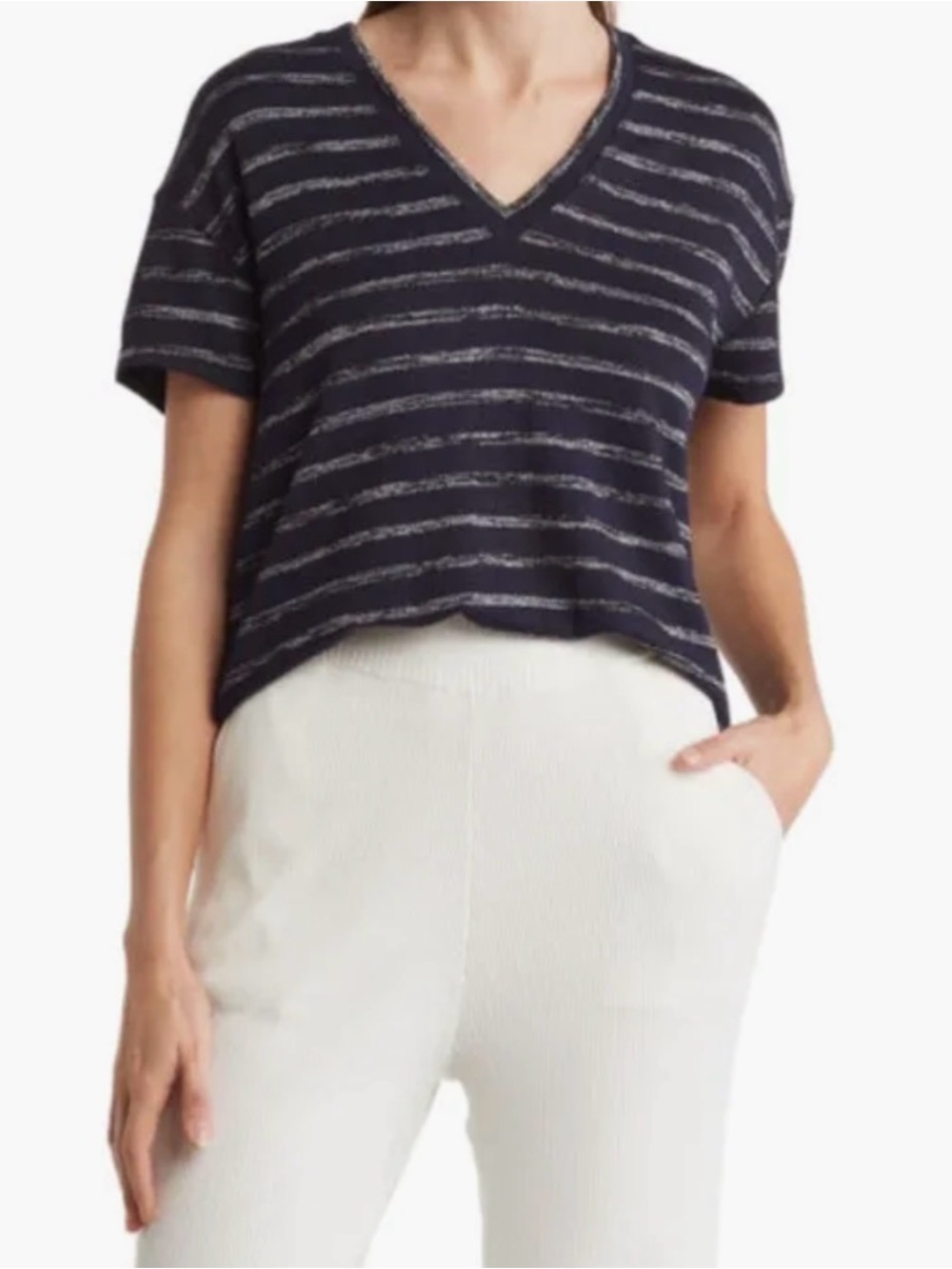rag & bone The Knit Stripe V-Neck T-Shirt in Navy Black